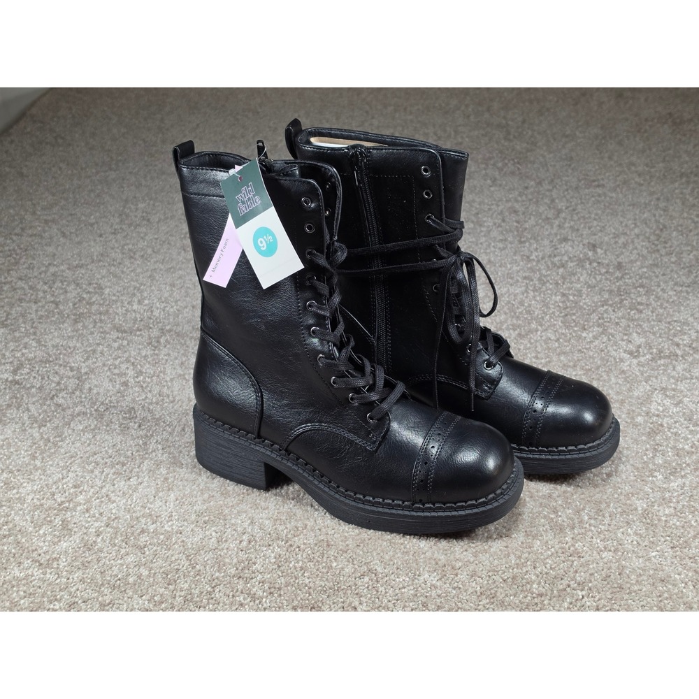 Wild Fable Helga Black Combat Boots Cap Toe Lace Up Side Zip 9.5 Memory Foam